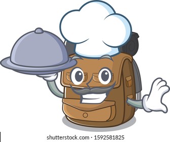 cartoon design hiking backpack Scroll as a Chef with food on tray