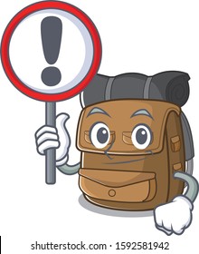 Cartoon design of hiking backpack Scroll raised up a sign