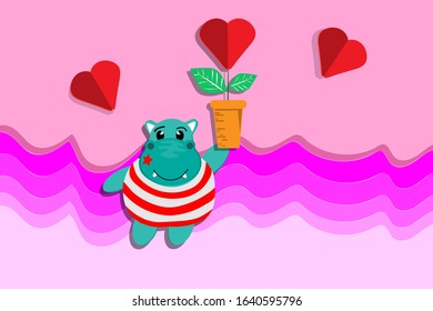 Cartoon design with Hippo and heart on pink background