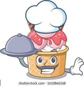 cartoon design of ice cream sundae as a Chef having food on tray