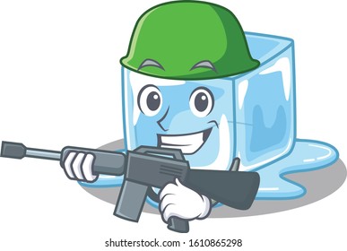 A cartoon design of ice cube Army with machine gun