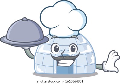 cartoon design of igloo as a Chef having food on tray