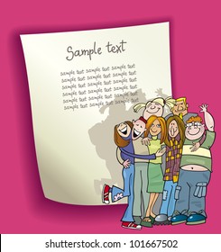cartoon design illustration with blank page and funny teenagers group