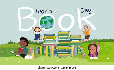 Cartoon design illustration, World book day. Stack of colorful books on grass fields with kids sitting and reading, Schoolchildren relaxing on Book week, Education vector 