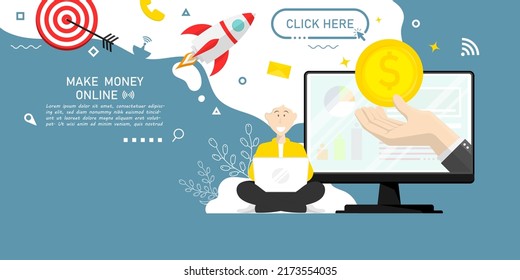 Cartoon design inspiration of working make money online concept, Digital marketing illustration.