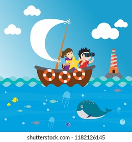 cartoon design, kids background, sailing, marine species