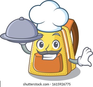 cartoon design of kids school backpack as a Chef having food on tray