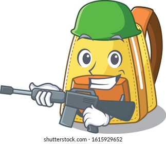 A cartoon design of kids school backpack Army with machine gun