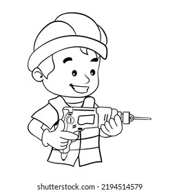 Cartoon Design Of Labor Worker With His Safety Helmet Operating A Drill. Industrial Construction Worker Or Carpentry. Coloring Page