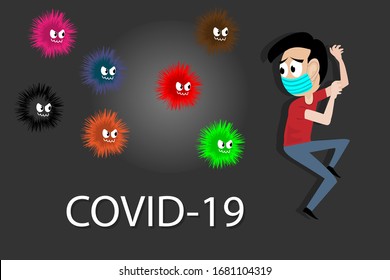 Cartoon design with man and virus on black background