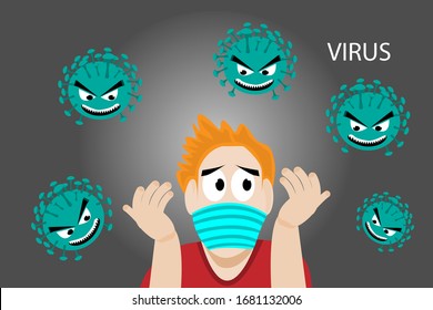 Cartoon design with man and virus on black background