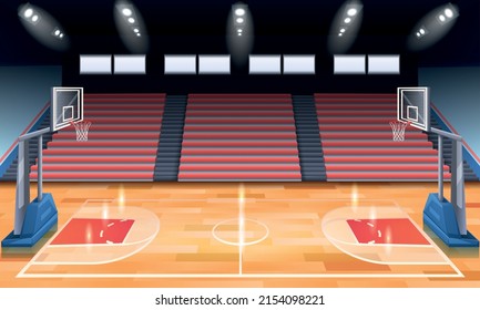 Cartoon design of modern indoor basketball court illuminated with spotlights vector illustration