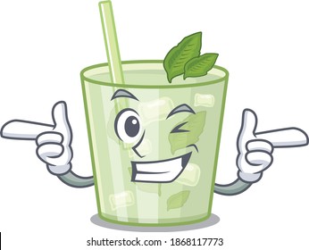 Cartoon design of mojito lemon cocktail showing funny face with wink eye