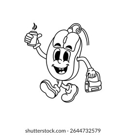 Cartoon design of mouse carrying coffee bottle and briefcase. Vector illustration of mouse ready to work. Black and white character design