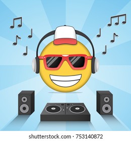 cartoon design of music icons and emoticon with glasses listening to music