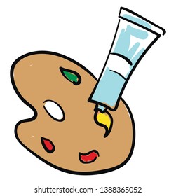 Cartoon design of a palette holding various paints is of the heart shape  and a blue tube spills out yellow color over this  vector  color drawing or illustration