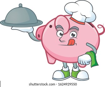 cartoon design of piggy bank as a Chef having food on tray