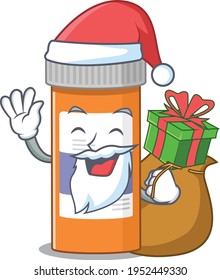 Cartoon design of pills drug bottle Santa having Christmas gift. Vector illustration