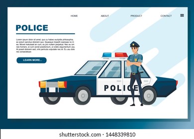 Cartoon design police car and police officer flat vector illustration on white background website page design advertising banner