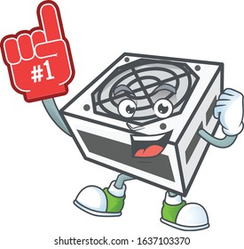 A cartoon design of power supply unit white color holding a Foam finger