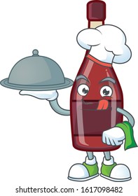 cartoon design of red bottle wine as a Chef having food on tray