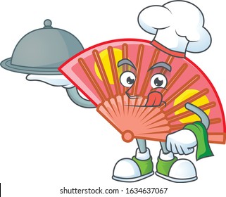 cartoon design of red chinese folding fan as a Chef having food on tray