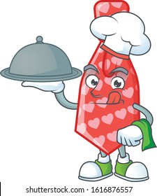 cartoon design of red love tie as a Chef having food on tray