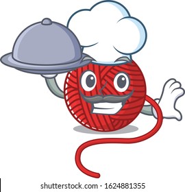 cartoon design of red wool yarn as a Chef having food on tray