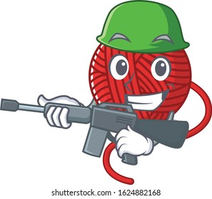 A cartoon design of red wool yarn Army with machine gun