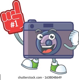A cartoon design of retro camera holding a Foam finger