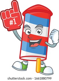 A cartoon design of rocket USA stripes holding a Foam finger