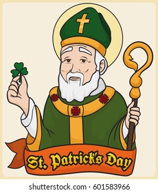 Diseño de caricaturas con la imagen de San Patricio, sosteniendo un trébol y personal pastoral detrás de una cinta de saludo para su día conmemorativo.