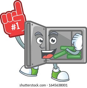 A cartoon design of security box open holding a Foam finger