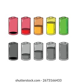  Conjunto de desenho de desenhos animados de indicadores verticais de nível de bateria em vetor percentual. . Símbolos indicadores de bateria. 0 a 100 por cento.
