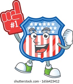 A cartoon design of shield badges USA holding a Foam finger