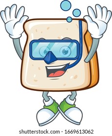 A cartoon design of slice of bread trying Diving glasses