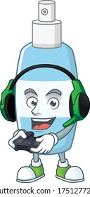 A cartoon design of spray hand sanitizer talented gamer play with headphone and controller