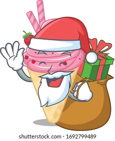 Cartoon design of strawberry ice cream Santa with Christmas gift
