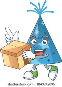 cartoon design style of blue party hat having gift box. Vector illustration