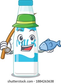 Cartoon design style of bottle of milk goes to fishing. Vector illustration