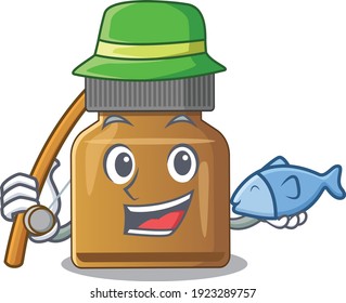 Cartoon design style of bottle vitamin b goes to fishing