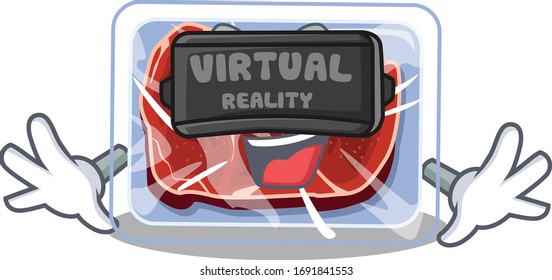 Cartoon design style of frozen beef with modern Virtual Reality headset
