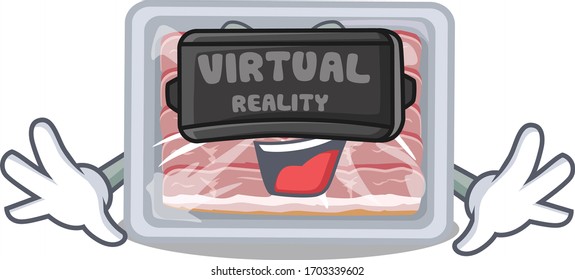 Cartoon design style of frozen smoked bacon with modern Virtual Reality headset