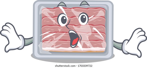 Cartoon design style of frozen smoked bacon has a surprised gesture
