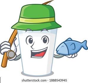 Cartoon design style of glass of milk goes to fishing. Vector illustration