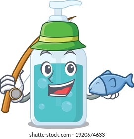 Cartoon design style of hand sanitizer goes to fishing