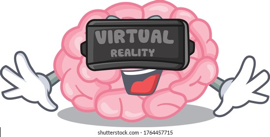 Cartoon design style of human brain with modern Virtual Reality headset