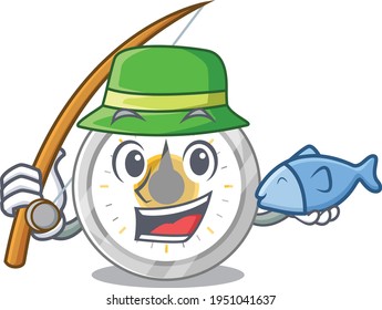 Cartoon design style of old kitchen timer ready goes to fishing. Vector illustration
