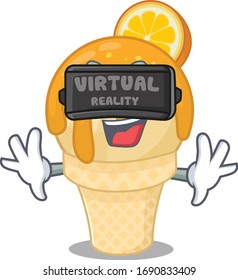 Cartoon design style of orange ice cream with modern Virtual Reality headset