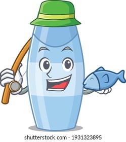 Cartoon design style of shampoo ready goes to fishing. Vector illustration